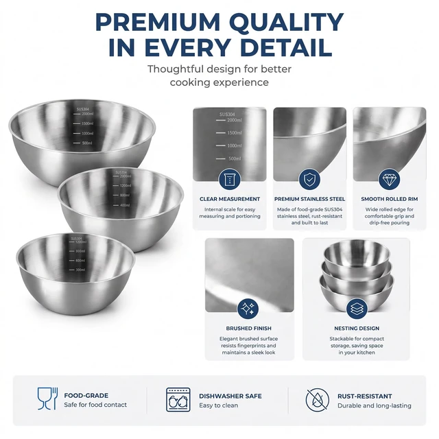 Alt view image 3 of 7 - Stainless Steel Mixing Bowls Set of 3 - 9.84", 8.66" & 7.5" Metal Mixing Bowls, 3.3 Qt, 2 Qt & 1.5 Qt Stainless Steel Salad Bowls, Durable 304 Stainless Steel Bowl for Kitchen, Baking, and Meal Prep