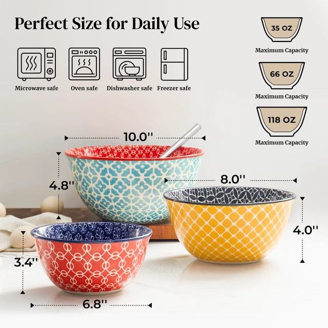 Alt view image 2 of 7 - DOWAN Mixing Bowls, Ceramic Mixing Bowls for Kitchen, Colorful Vibrant Nesting Bowls for Cooking, Baking, Prepping, Serving, Salad, Housewarming Gift, Microwave Dishwasher Safe, 3.7/2/1 Qt, Set of 3