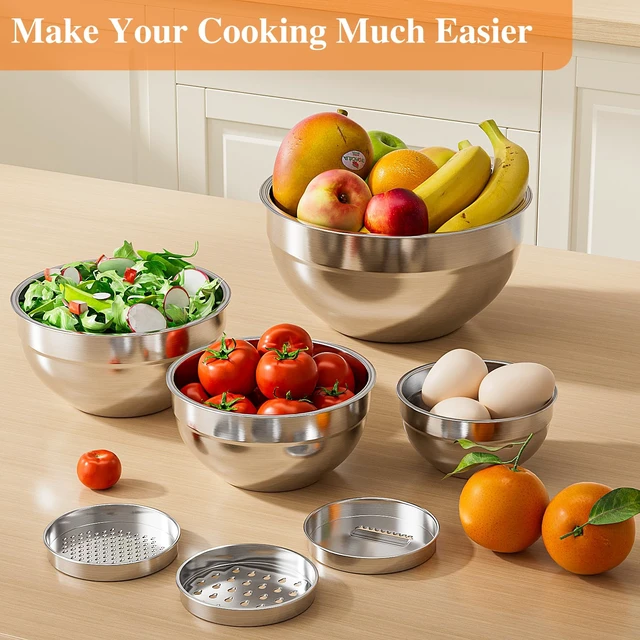 Alt view image 2 of 7 - Mixing Bowls with Lids Set, 6 PCS Stainless Steel Mixing Bowls with 3 Grater Attachments, Kitchen Food Storage Organizers Nesting Mixing Bowl, Large Size 4.5, 3.5, 2.1, 1.5, 1.1, 0.7QT