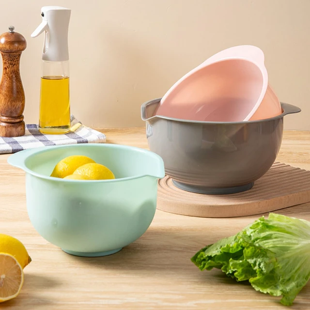 Alt view image 4 of 7 - Set of 3 Mixing Bowls with Pour Spout-Nesting Design Saves Space - Non-Slip, BPA Free, Dishwasher Safe Plastic - Kitchen Cooking and Baking Supplies (Green Pink Grey)