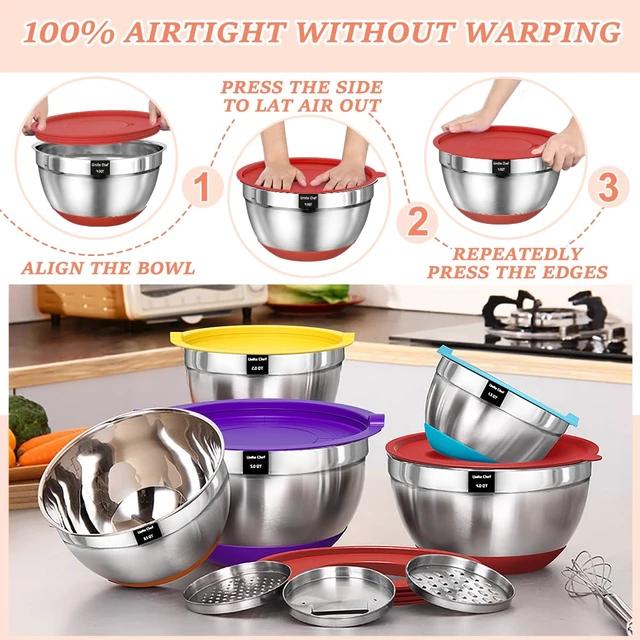 Alt view image 4 of 7 - Umite Chef Mixing Bowls with Airtight Lids Set, 8PCS Stainless Steel Nesting Bowls Set, 3 Grater Attachments & Non-Slip Bottoms, Size 5, 4, 3.5, 2, 1.5QT for Baking & Mixing(Colorful)