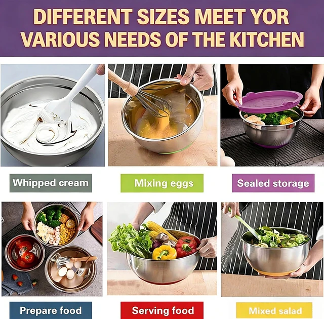 Alt view image 4 of 7 - Umite Chef Thickened Heavy-Duty 26pcs Stainless Steel Bowl, Mixing Bowl Set with Lid, Grater Attachment, Colorful Non-Slip Bottom and Kitchen Gadget Set, Sizes 7, 4, 2.5, 2.0, 1.5, 1QT