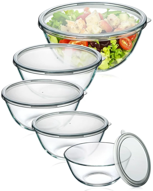 Main image of Glass Mixing Bowls with Lids Set of 5(4.78QT,2.2QT,1.7QT,1.1QT,0.85QT),Thick Glass Nesting Bowls for Kitchen Baking,Cooking Prep,Storage,Serving,Large Salad Bowls,Dishwasher Microwave Freezer Safe