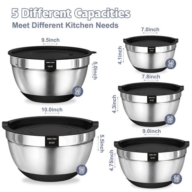 Alt view image 2 of 7 - Umite Chef Mixing Bowls with Airtight Lids Set, 8PCS Stainless Steel Nesting Bowls Set, 3 Grater Attachments & Non-Slip Bottoms, Size 5, 4, 3.5, 2, 1.5QT for Baking & Mixing(Black)