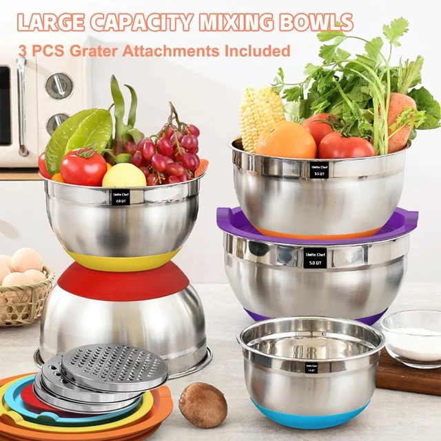 Alt view image 5 of 7 - Umite Chef Mixing Bowls with Airtight Lids Set, 8PCS Stainless Steel Nesting Bowls Set, 3 Grater Attachments & Non-Slip Bottoms, Size 5, 4, 3.5, 2, 1.5QT for Baking & Mixing(Colorful)