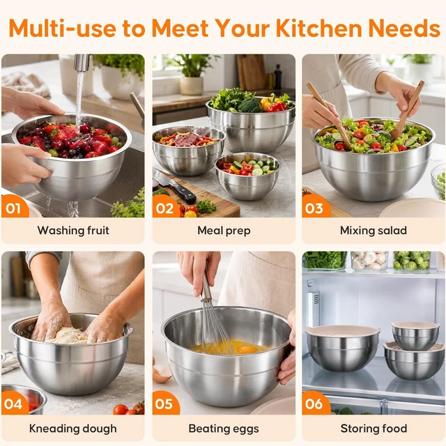 Alt view image 6 of 7 - Stainless Steel Mixing Bowls with Lids Set, 4 Pack Cooking Bowls