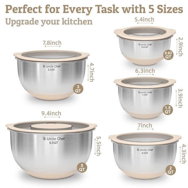 Alt view image 6 of 7 - Mixing Bowles Set with Lids Set - Warp-Proof TPR-AS Lids, Stainless Steel Mixing Bowl with 3 Graters & Measuring Lines, Non-Slip Bowls for Baking, Prep, Airtight Food Storage (Khaki 5/3/2/1.5/0.63QT)