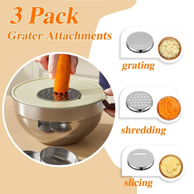 Alt view image 3 of 7 - Mixing Bowls with Lids Set, 6 PCS Stainless Steel Mixing Bowls with 3 Grater Attachments, Kitchen Food Storage Organizers Nesting Mixing Bowl, Large Size 4.5, 3.5, 2.1, 1.5, 1.1, 0.7QT