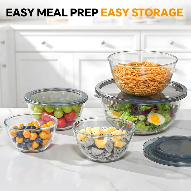 Alt view image 2 of 7 - Glass Mixing Bowls with Lids Set of 5(4.78QT,2.2QT,1.7QT,1.1QT,0.85QT),Thick Glass Nesting Bowls for Kitchen Baking,Cooking Prep,Storage,Serving,Large Salad Bowls,Dishwasher Microwave Freezer Safe