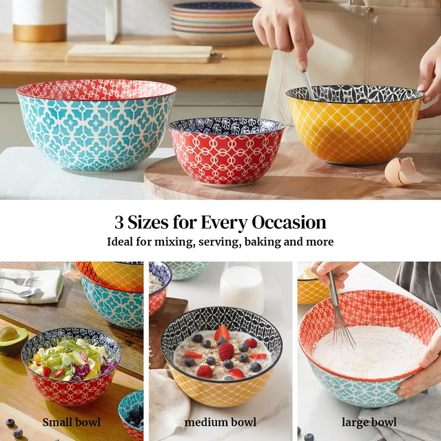 Alt view image 4 of 7 - DOWAN Mixing Bowls, Ceramic Mixing Bowls for Kitchen, Colorful Vibrant Nesting Bowls for Cooking, Baking, Prepping, Serving, Salad, Housewarming Gift, Microwave Dishwasher Safe, 3.7/2/1 Qt, Set of 3