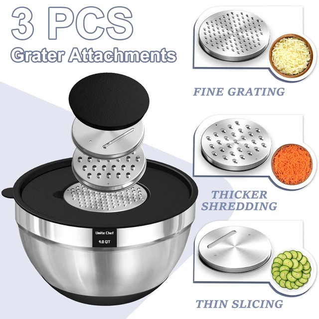 Alt view image 3 of 7 - Umite Chef Mixing Bowls with Airtight Lids Set, 8PCS Stainless Steel Nesting Bowls Set, 3 Grater Attachments & Non-Slip Bottoms, Size 5, 4, 3.5, 2, 1.5QT for Baking & Mixing(Black)