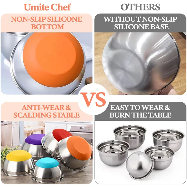 Alt view image 6 of 7 - Umite Chef Mixing Bowls with Airtight Lids Set, 8PCS Stainless Steel Nesting Bowls Set, 3 Grater Attachments & Non-Slip Bottoms, Size 5, 4, 3.5, 2, 1.5QT for Baking & Mixing(Colorful)