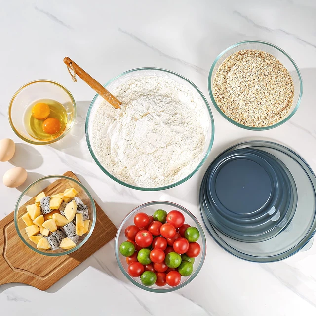 Alt view image 3 of 7 - Glass Mixing Bowls with Lids Set of 5(4.78QT,2.2QT,1.7QT,1.1QT,0.85QT),Thick Glass Nesting Bowls for Kitchen Baking,Cooking Prep,Storage,Serving,Large Salad Bowls,Dishwasher Microwave Freezer Safe