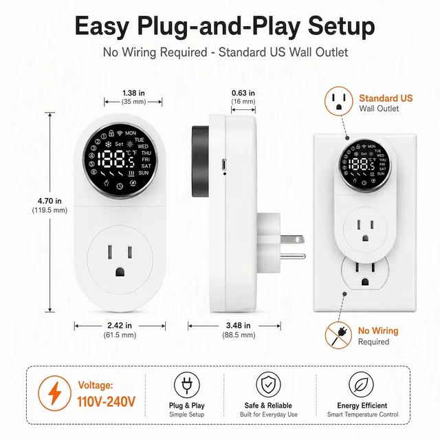 Alt view image 6 of 6 - Plug in WiFi Thermostat, Knob Temp Controller with Probe, App Control