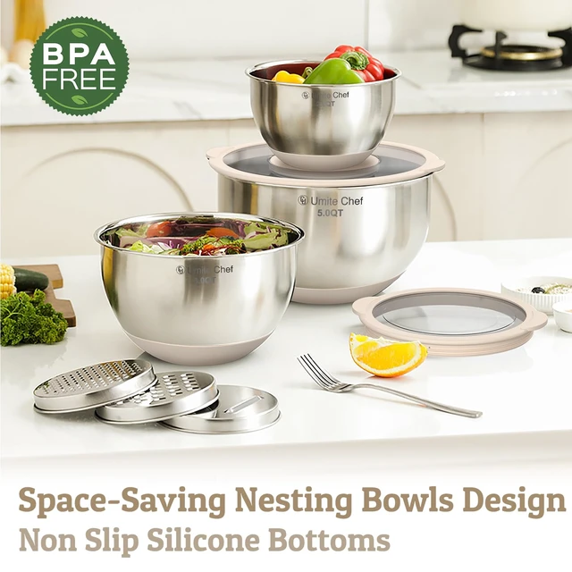 Alt view image 7 of 7 - Mixing Bowles Set with Lids Set - Warp-Proof TPR-AS Lids, Stainless Steel Mixing Bowl with 3 Graters & Measuring Lines, Non-Slip Bowls for Baking, Prep, Airtight Food Storage (Khaki 5/3/2/1.5/0.63QT)