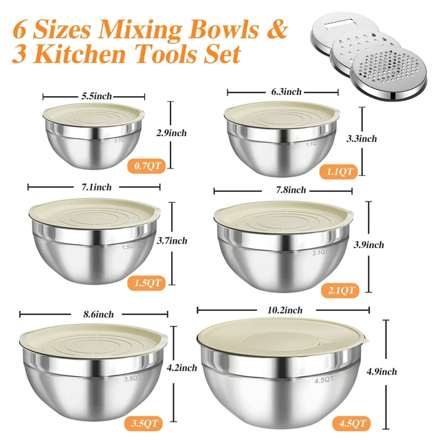 Alt view image 5 of 7 - Mixing Bowls with Lids Set, 6 PCS Stainless Steel Mixing Bowls with 3 Grater Attachments, Kitchen Food Storage Organizers Nesting Mixing Bowl, Large Size 4.5, 3.5, 2.1, 1.5, 1.1, 0.7QT