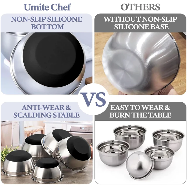 Alt view image 4 of 7 - Umite Chef Mixing Bowls with Airtight Lids Set, 8PCS Stainless Steel Nesting Bowls Set, 3 Grater Attachments & Non-Slip Bottoms, Size 5, 4, 3.5, 2, 1.5QT for Baking & Mixing(Black)