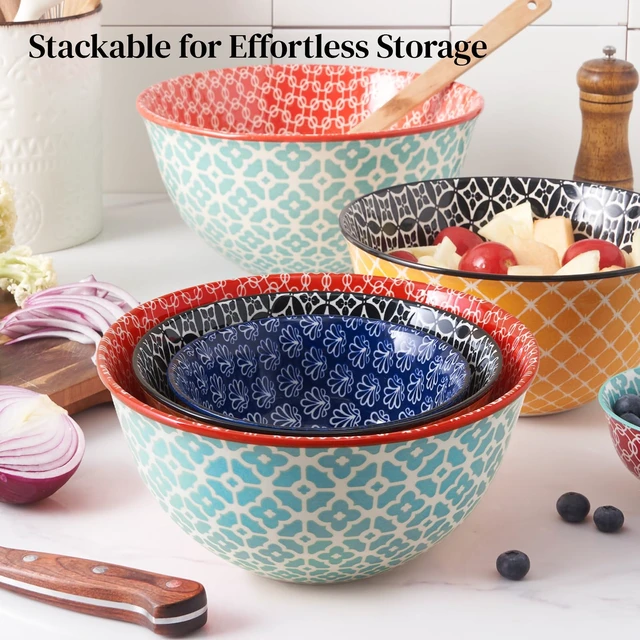 Alt view image 5 of 7 - DOWAN Mixing Bowls, Ceramic Mixing Bowls for Kitchen, Colorful Vibrant Nesting Bowls for Cooking, Baking, Prepping, Serving, Salad, Housewarming Gift, Microwave Dishwasher Safe, 3.7/2/1 Qt, Set of 3