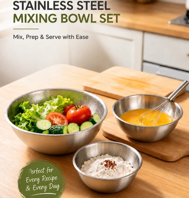 Alt view image 6 of 7 - Stainless Steel Mixing Bowls Set of 3 - 9.84", 8.66" & 7.5" Metal Mixing Bowls, 3.3 Qt, 2 Qt & 1.5 Qt Stainless Steel Salad Bowls, Durable 304 Stainless Steel Bowl for Kitchen, Baking, and Meal Prep