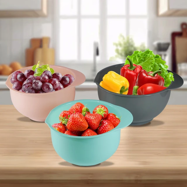 Alt view image 7 of 7 - Set of 3 Mixing Bowls with Pour Spout-Nesting Design Saves Space - Non-Slip, BPA Free, Dishwasher Safe Plastic - Kitchen Cooking and Baking Supplies (Green Pink Grey)