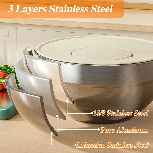Alt view image 6 of 7 - Mixing Bowls with Lids Set, 6 PCS Stainless Steel Mixing Bowls with 3 Grater Attachments, Kitchen Food Storage Organizers Nesting Mixing Bowl, Large Size 4.5, 3.5, 2.1, 1.5, 1.1, 0.7QT