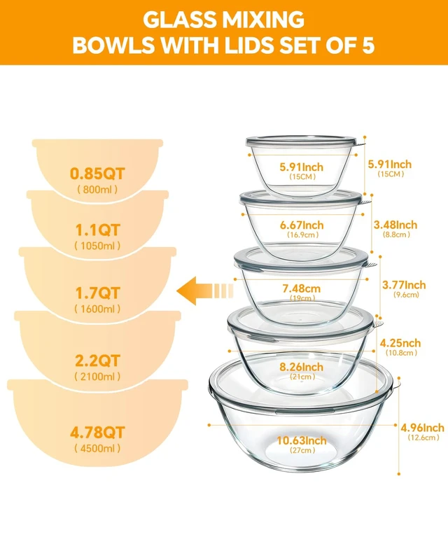 Alt view image 5 of 7 - Glass Mixing Bowls with Lids Set of 5(4.78QT,2.2QT,1.7QT,1.1QT,0.85QT),Thick Glass Nesting Bowls for Kitchen Baking,Cooking Prep,Storage,Serving,Large Salad Bowls,Dishwasher Microwave Freezer Safe