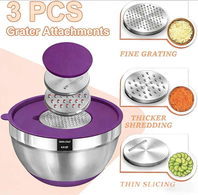 Alt view image 7 of 7 - Umite Chef Thickened Heavy-Duty 26pcs Stainless Steel Bowl, Mixing Bowl Set with Lid, Grater Attachment, Colorful Non-Slip Bottom and Kitchen Gadget Set, Sizes 7, 4, 2.5, 2.0, 1.5, 1QT