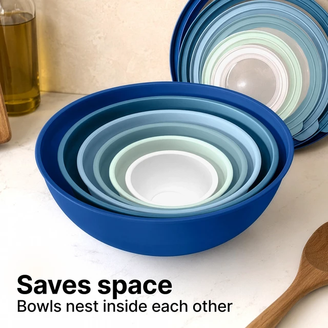 Alt view image 3 of 7 - Zulay Kitchen 12 Piece Plastic Mixing Bowls with Lids Set - Leak-Proof Microwave & Freezer Safe Stackable Mixing Bowl Set for Preparing, Serving and Storing - Non-Slip Large Nesting Bowls (Blue Ombre)
