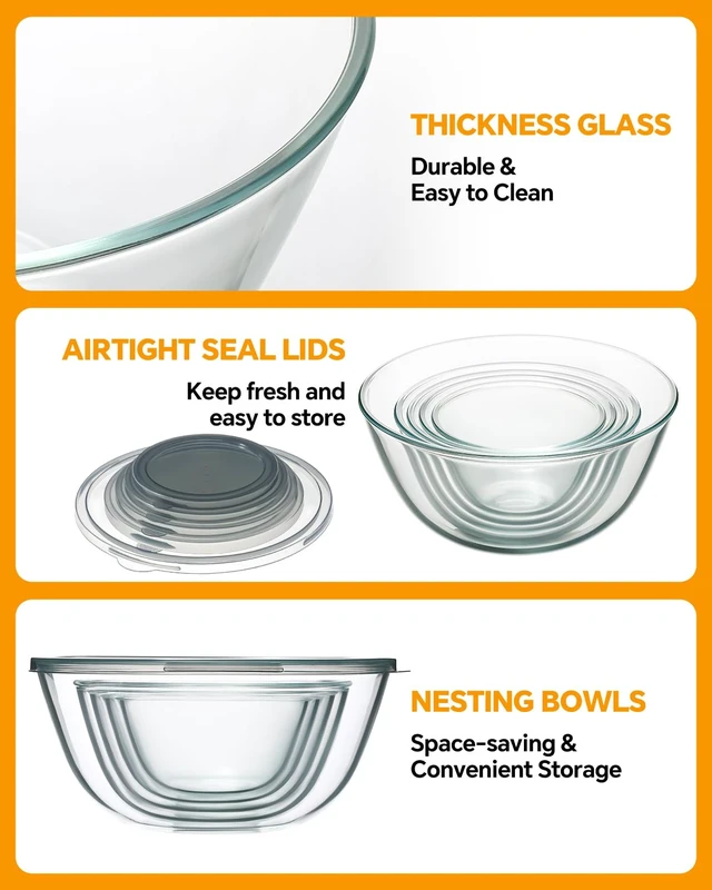 Alt view image 6 of 7 - Glass Mixing Bowls with Lids Set of 5(4.78QT,2.2QT,1.7QT,1.1QT,0.85QT),Thick Glass Nesting Bowls for Kitchen Baking,Cooking Prep,Storage,Serving,Large Salad Bowls,Dishwasher Microwave Freezer Safe