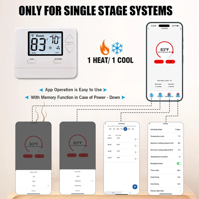 Alt view image 4 of 7 - Heagstat WiFi Thermostat 1 Heat/1 Cool for Home Conventional System