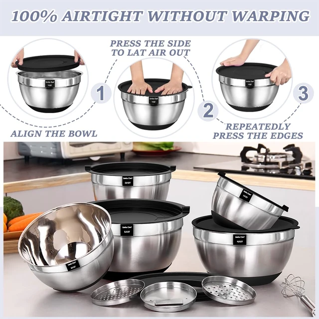 Alt view image 7 of 7 - Umite Chef Mixing Bowls with Airtight Lids Set, 8PCS Stainless Steel Nesting Bowls Set, 3 Grater Attachments & Non-Slip Bottoms, Size 5, 4, 3.5, 2, 1.5QT for Baking & Mixing(Black)