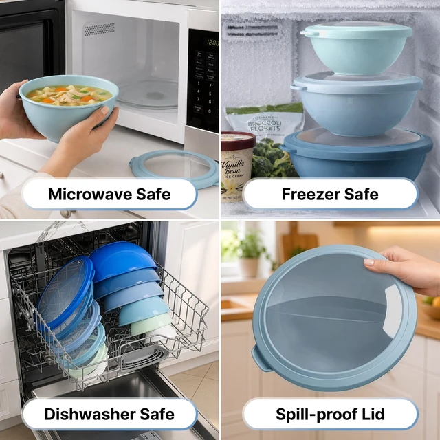 Alt view image 6 of 7 - Zulay Kitchen 12 Piece Plastic Mixing Bowls with Lids Set - Leak-Proof Microwave & Freezer Safe Stackable Mixing Bowl Set for Preparing, Serving and Storing - Non-Slip Large Nesting Bowls (Blue Ombre)
