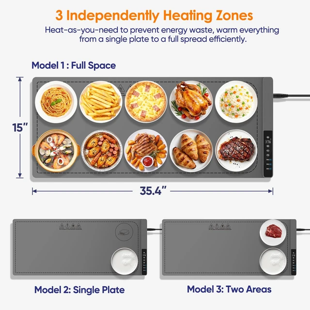Alt view image 2 of 7 - Warming Mat for Food, 3-Zone Food Warming Mat, 36x15 Inch Food Warmer Chafing Dishes for Buffet, 9 Temp&Timer, Child Safety Lock,18mm Feet Protects Table for Kitchen & Daily Use (Gray-36inches)
