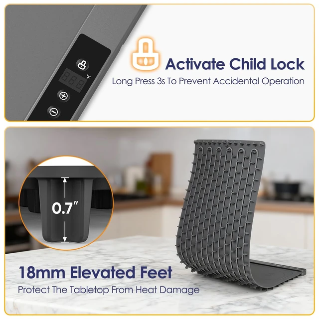 Alt view image 5 of 7 - Warming Mat for Food, 3-Zone Food Warming Mat, 36x15 Inch Food Warmer Chafing Dishes for Buffet, 9 Temp&Timer, Child Safety Lock,18mm Feet Protects Table for Kitchen & Daily Use (Gray-36inches)