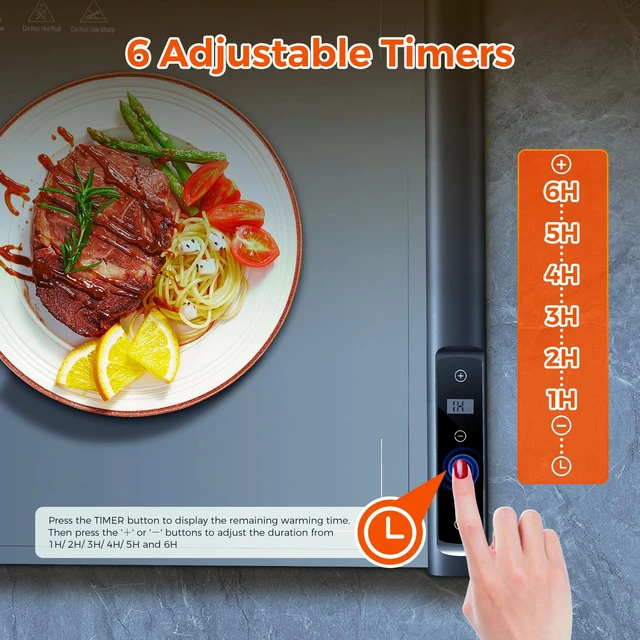 Alt view image 5 of 7 - Warming Mat for Food,Silicone Electric Warming Tray for Buffets Party and Home,10s Fast Full Surface Food Heating pad,Portable Design for Daily Use,8 Temperture Settings & 1-6h Timer (Dark Grey)