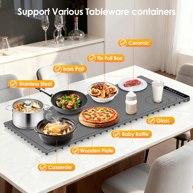 Alt view image 6 of 7 - Warming Mat for Food, 3-Zone Food Warming Mat, 36x15 Inch Food Warmer Chafing Dishes for Buffet, 9 Temp&Timer, Child Safety Lock,18mm Feet Protects Table for Kitchen & Daily Use (Gray-36inches)