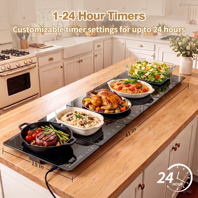 Alt view image 5 of 7 - Electric Warming Tray 5-in-1 Food Warmers for Parties Buffet with 10 Temp & 24H Timer,41" x 15" Glass Warming Mat for Food Modular Warmers for Food Trays Buffet, for Family Women