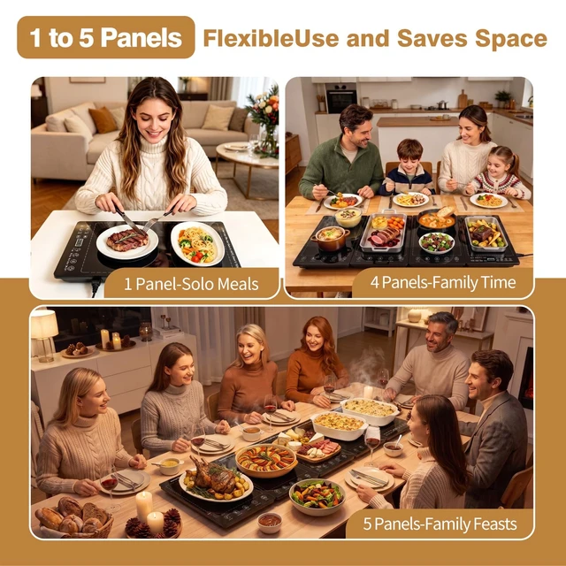 Alt view image 6 of 7 - Electric Warming Tray 5-in-1 Food Warmers for Parties Buffet with 10 Temp & 24H Timer,41" x 15" Glass Warming Mat for Food Modular Warmers for Food Trays Buffet, for Family Women