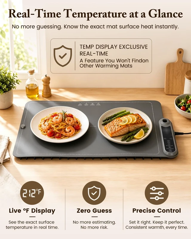 Alt view image 2 of 7 - Warming Mat for Food 15"x23.5", Upgrade Live Temperature Display, 2.2M Cord