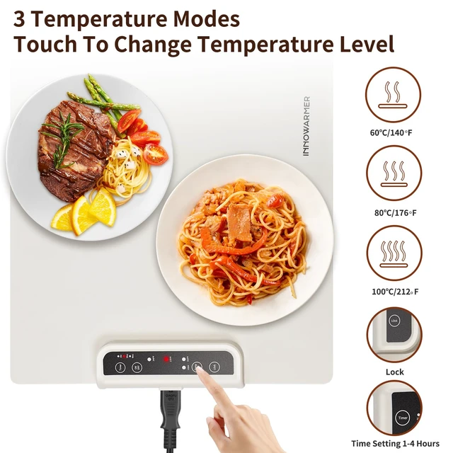 Alt view image 2 of 6 - INNOWARMER Warming Mat for Food, Foldable Food Heating Mat, Silicone Electric Warming Tray - Full Surface Heating, Nano-Material, 3 Temp-Modes with Timer (White)