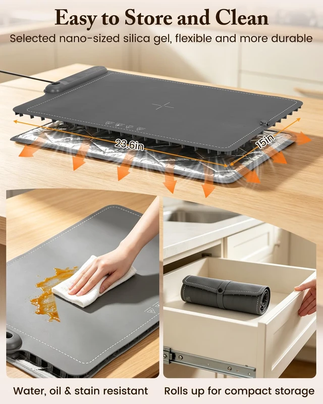 Alt view image 7 of 7 - Warming Mat for Food 15"x23.5", Upgrade Live Temperature Display, 2.2M Cord