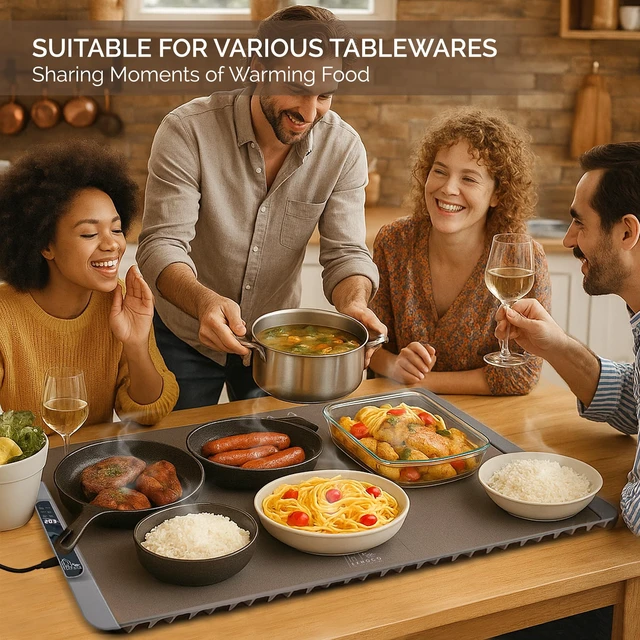 Alt view image 6 of 7 - Food Warming Mat 26x15 Inch, Silicone Electric Warming Tray with 11 Temperature Levels, 6 Preset Modes, Child Lock, 10-Hour Timer, Dual Temperature Display, Auto Shut-Off for Parties & Catering
