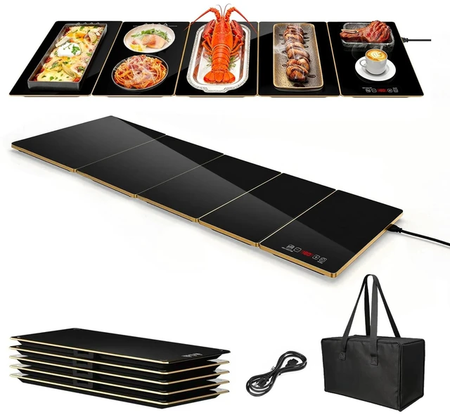 Main image of Electric Warming Tray XXXL 44"x16" with Storage Bag, AdjustableSize Food Warming Mat, 5in1 Expandable Modular, Food Warmer for Parties, Buffet, Catering & Gathering, 8Level Temp & Timer, Gold Edge