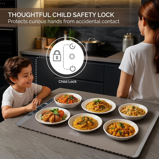 Alt view image 7 of 7 - Food Warming Mat 26x15 Inch, Silicone Electric Warming Tray with 11 Temperature Levels, 6 Preset Modes, Child Lock, 10-Hour Timer, Dual Temperature Display, Auto Shut-Off for Parties & Catering