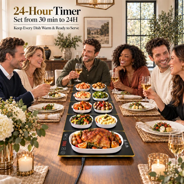 Alt view image 2 of 7 - Electric Warming Tray XXXL 44"x16" with Storage Bag, AdjustableSize Food Warming Mat, 5in1 Expandable Modular, Food Warmer for Parties, Buffet, Catering & Gathering, 8Level Temp & Timer, Gold Edge