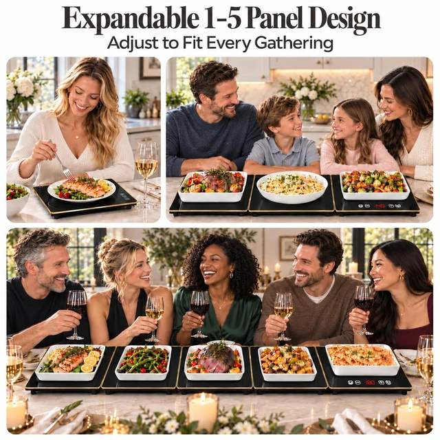 Alt view image 3 of 7 - Electric Warming Tray XXXL 44"x16" with Storage Bag, AdjustableSize Food Warming Mat, 5in1 Expandable Modular, Food Warmer for Parties, Buffet, Catering & Gathering, 8Level Temp & Timer, Gold Edge