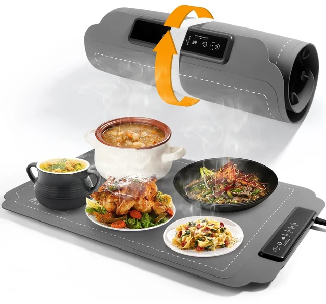 Main image of Food Warming Mat, Electric Food Warming Mat with 4 Temp Settings & 6H Timer, Portable & Rollable, Fast Full Surface Electric Warming Tray with Child Lock for Party and Daily Use (Grey)