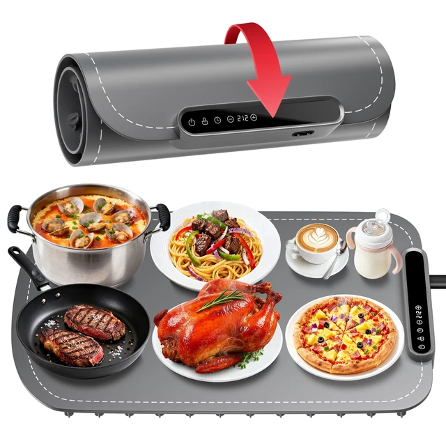 Main image of Warming Mat for Food, Upgraded Fast-Heating Electric Warming Tray with 7 Temp Levels & 8 Timers, Buffet Raised Feet & Rollable Silicone Heat Pad, Portable Food Warmer for Home, Party & Travel