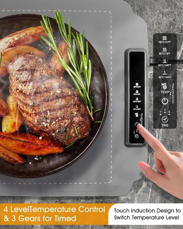 Alt view image 2 of 7 - Food Warming Mat, Electric Food Warming Mat with 4 Temp Settings & 6H Timer, Portable & Rollable, Fast Full Surface Electric Warming Tray with Child Lock for Party and Daily Use (Grey)