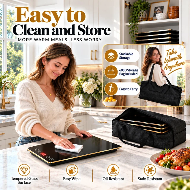 Alt view image 4 of 7 - Electric Warming Tray XXXL 44"x16" with Storage Bag, AdjustableSize Food Warming Mat, 5in1 Expandable Modular, Food Warmer for Parties, Buffet, Catering & Gathering, 8Level Temp & Timer, Gold Edge